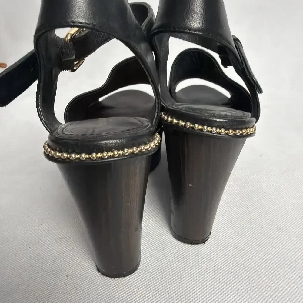 Coach Harla Black Leather Wood Wedge Platform Sandals